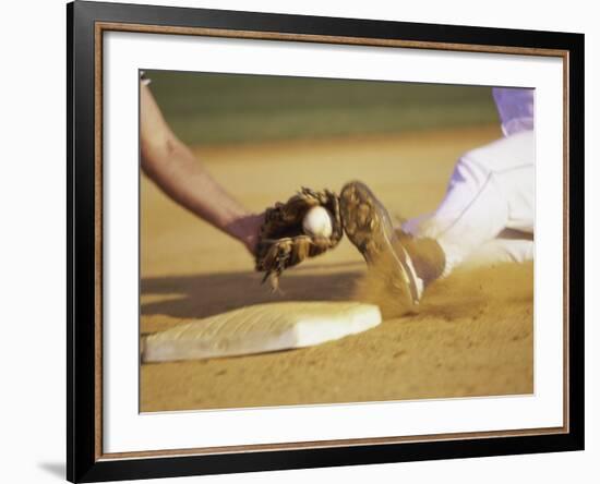 Baseball Player Sliding at a Base, and a Gloved Hand Holding a Ball-null-Framed Photographic Print