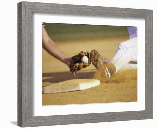 Baseball Player Sliding at a Base, and a Gloved Hand Holding a Ball-null-Framed Photographic Print