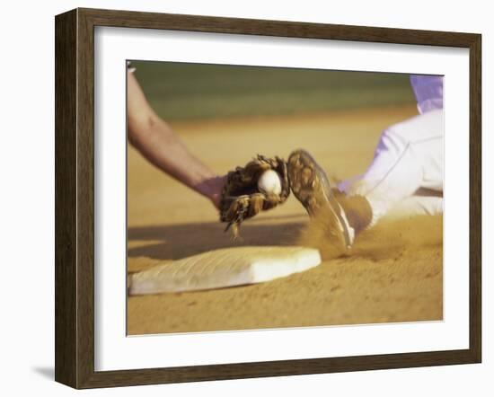 Baseball Player Sliding at a Base, and a Gloved Hand Holding a Ball-null-Framed Photographic Print