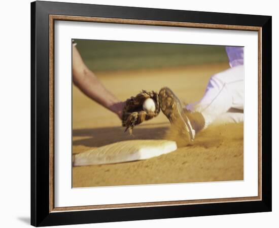 Baseball Player Sliding at a Base, and a Gloved Hand Holding a Ball-null-Framed Photographic Print