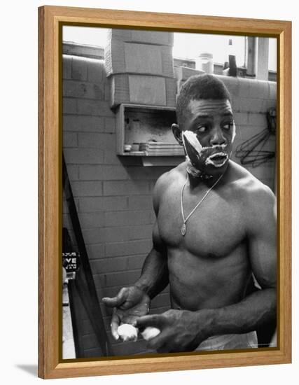 Baseball Player Willie Mays Shaving in the Locker Room-John Dominis-Framed Premier Image Canvas