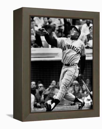 Baseball Player Willie Mays Watching Ball Clear Fence for Home Run in Game with Dodgers-Ralph Morse-Framed Premier Image Canvas