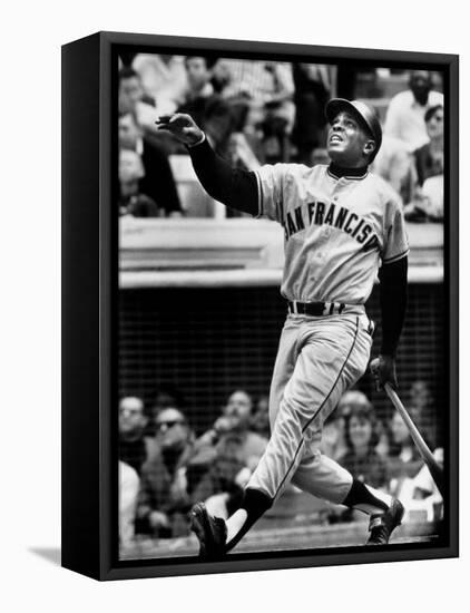 Baseball Player Willie Mays Watching Ball Clear Fence for Home Run in Game with Dodgers-Ralph Morse-Framed Premier Image Canvas