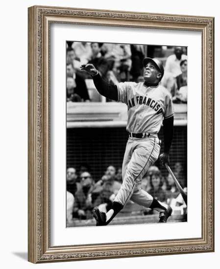 Baseball Player Willie Mays Watching Ball Clear Fence for Home Run in Game with Dodgers-Ralph Morse-Framed Premium Photographic Print