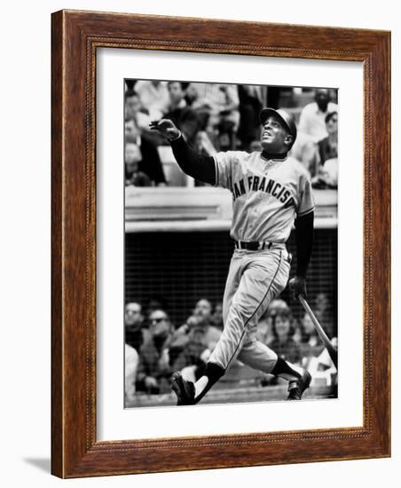 Baseball Player Willie Mays Watching Ball Clear Fence for Home Run in Game with Dodgers-Ralph Morse-Framed Premium Photographic Print