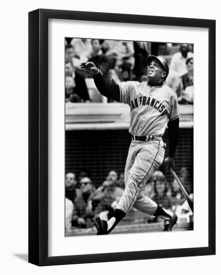 Baseball Player Willie Mays Watching Ball Clear Fence for Home Run in Game with Dodgers-Ralph Morse-Framed Premium Photographic Print