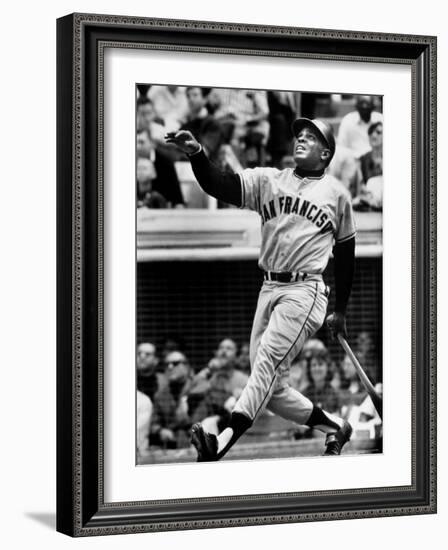 Baseball Player Willie Mays Watching Ball Clear Fence for Home Run in Game with Dodgers-Ralph Morse-Framed Premium Photographic Print