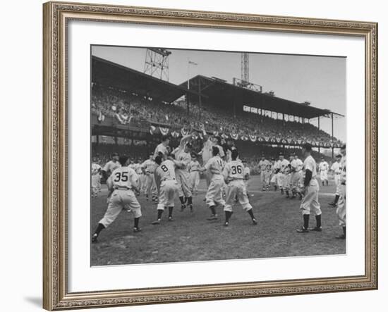 Baseball Players Catch Ball Thrown by Pres. Harry S. Truman at Opening Game for Washington Senators-Marie Hansen-Framed Premium Photographic Print