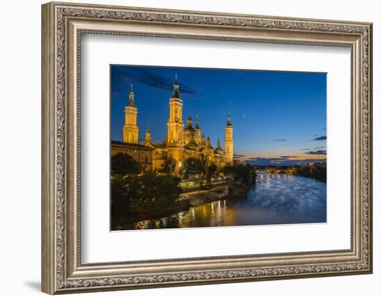 Basilica De Nuestra Senora Del Pilar Church and Ebro River at Dusk, Zaragoza, Aragon, Spain-Stefano Politi Markovina-Framed Photographic Print