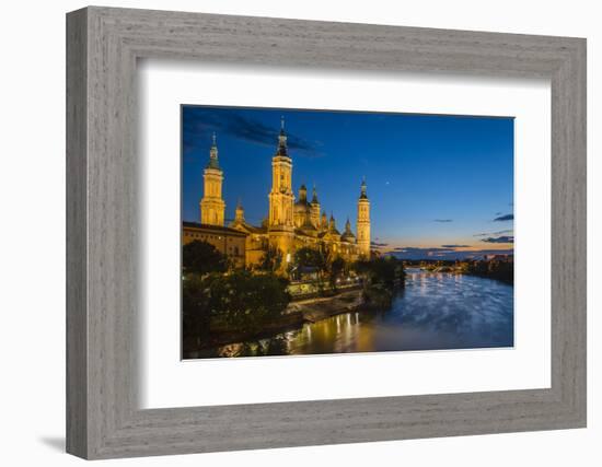 Basilica De Nuestra Senora Del Pilar Church and Ebro River at Dusk, Zaragoza, Aragon, Spain-Stefano Politi Markovina-Framed Photographic Print