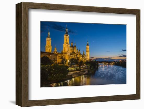 Basilica De Nuestra Senora Del Pilar Church and Ebro River at Dusk, Zaragoza, Aragon, Spain-Stefano Politi Markovina-Framed Photographic Print