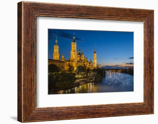 Basilica De Nuestra Senora Del Pilar Church and Ebro River at Dusk, Zaragoza, Aragon, Spain-Stefano Politi Markovina-Framed Photographic Print