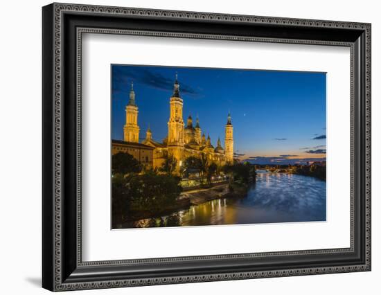 Basilica De Nuestra Senora Del Pilar Church and Ebro River at Dusk, Zaragoza, Aragon, Spain-Stefano Politi Markovina-Framed Photographic Print