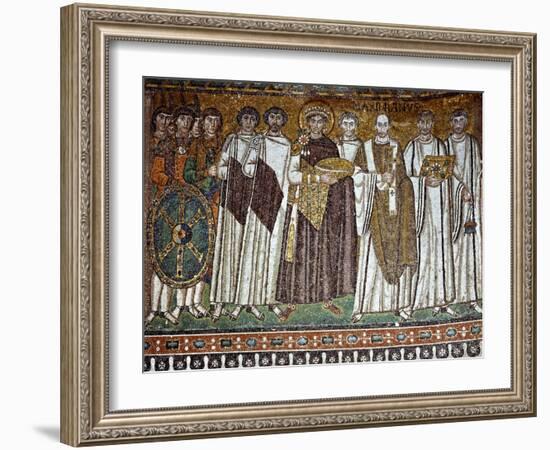 Basilica of San Vitale, Presbytery with Mosaic of Emperor Justinian, 6th c. Ravenna, Italy.-null-Framed Art Print