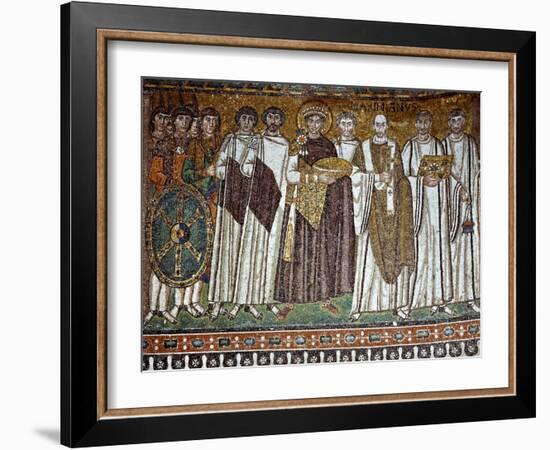 Basilica of San Vitale, Presbytery with Mosaic of Emperor Justinian, 6th c. Ravenna, Italy.-null-Framed Art Print