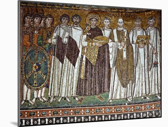 Basilica of San Vitale, Presbytery with Mosaic of Emperor Justinian, 6th c. Ravenna, Italy.-null-Mounted Art Print