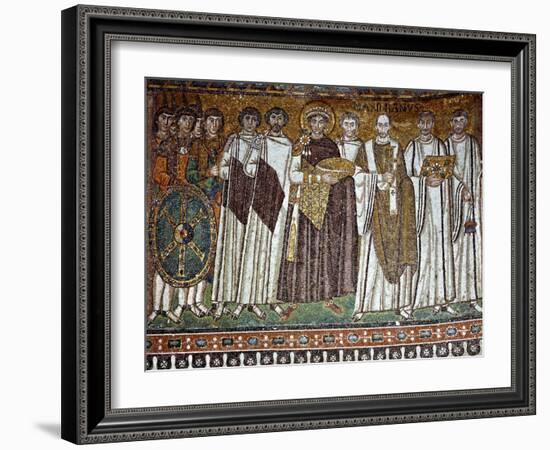 Basilica of San Vitale, Presbytery with Mosaic of Emperor Justinian, 6th c. Ravenna, Italy.-null-Framed Art Print