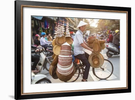 Basket and Hat Seller on Bicycle, Hanoi, Vietnam-Peter Adams-Framed Photographic Print