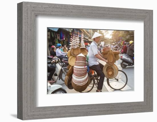 Basket and Hat Seller on Bicycle, Hanoi, Vietnam-Peter Adams-Framed Photographic Print