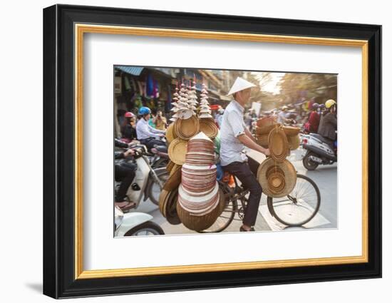 Basket and Hat Seller on Bicycle, Hanoi, Vietnam-Peter Adams-Framed Photographic Print