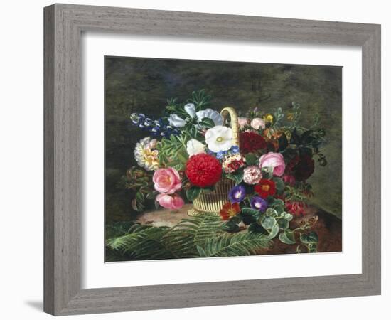 Basket of Roses, Dahlias and Morning Glory with Honeysuckle-Johan Laurentz Jensen-Framed Giclee Print