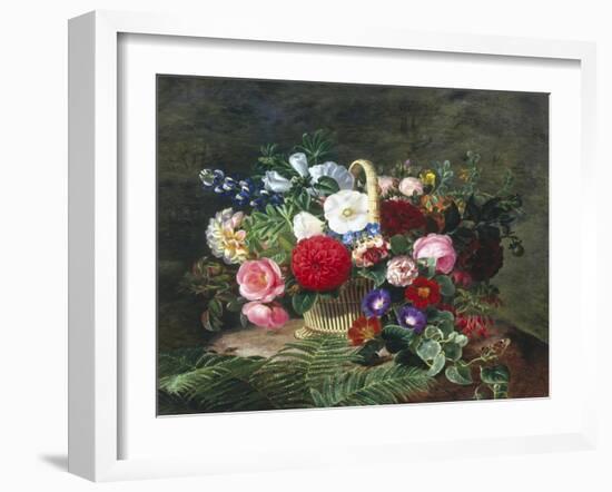 Basket of Roses, Dahlias and Morning Glory with Honeysuckle-Johan Laurentz Jensen-Framed Giclee Print