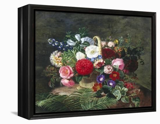 Basket of Roses, Dahlias and Morning Glory with Honeysuckle-Johan Laurentz Jensen-Framed Premier Image Canvas