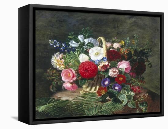 Basket of Roses, Dahlias and Morning Glory with Honeysuckle-Johan Laurentz Jensen-Framed Premier Image Canvas