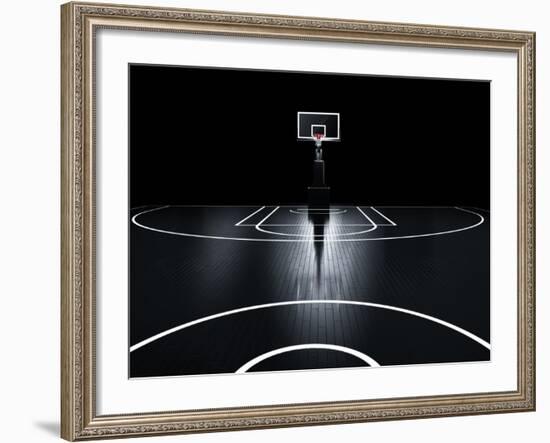 Basketball Court. Photorealistic 3D Illustration of a Sport Arena Background-Serg Klyosov-Framed Art Print