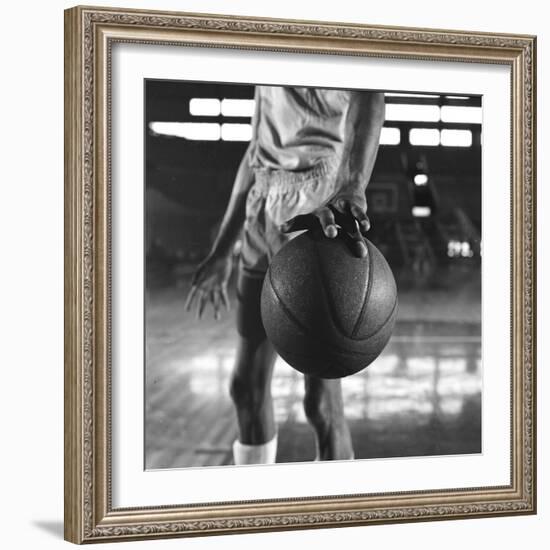 Basketball Held by Player Wilt Chamberlain, 1956-Frank Scherschel-Framed Photographic Print