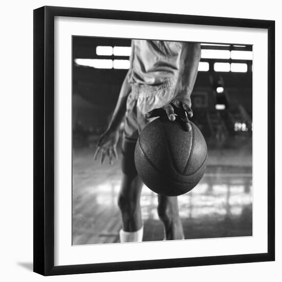 Basketball Held by Player Wilt Chamberlain, 1956-Frank Scherschel-Framed Photographic Print