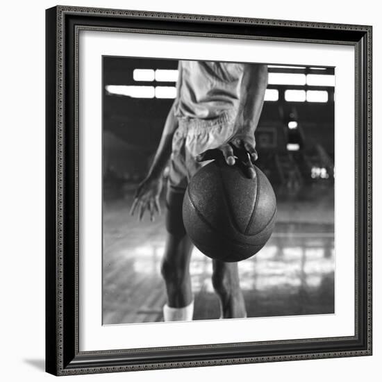 Basketball Held by Player Wilt Chamberlain, 1956-Frank Scherschel-Framed Photographic Print