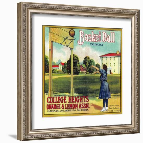 Basketball Orange Label - Claremont, CA-Lantern Press-Framed Art Print