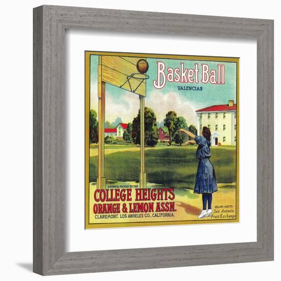 Basketball Orange Label - Claremont, CA-Lantern Press-Framed Art Print