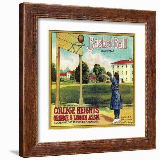 Basketball Orange Label - Claremont, CA-Lantern Press-Framed Art Print