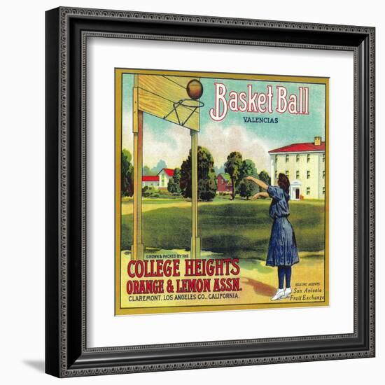 Basketball Orange Label - Claremont, CA-Lantern Press-Framed Art Print