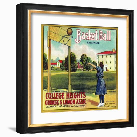 Basketball Orange Label - Claremont, CA-Lantern Press-Framed Art Print