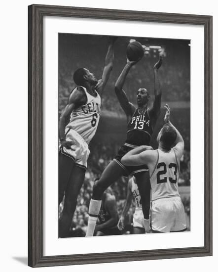 Basketball Players Bill Russell and Wilt Chamberlain During Game-George Silk-Framed Premium Photographic Print