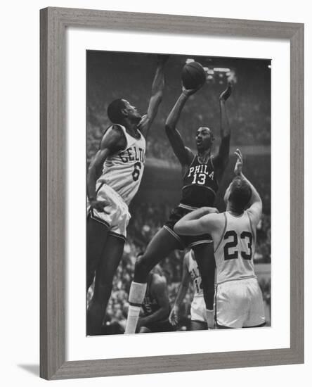 Basketball Players Bill Russell and Wilt Chamberlain During Game-George Silk-Framed Premium Photographic Print