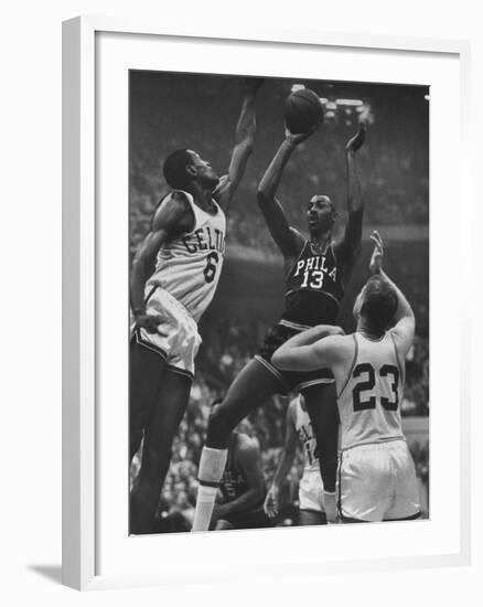 Basketball Players Bill Russell and Wilt Chamberlain During Game-George Silk-Framed Premium Photographic Print