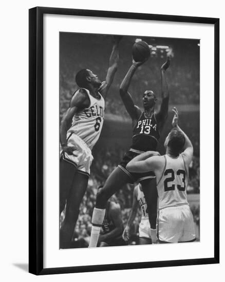 Basketball Players Bill Russell and Wilt Chamberlain During Game-George Silk-Framed Premium Photographic Print