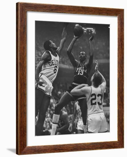 Basketball Players Bill Russell and Wilt Chamberlain During Game-George Silk-Framed Premium Photographic Print