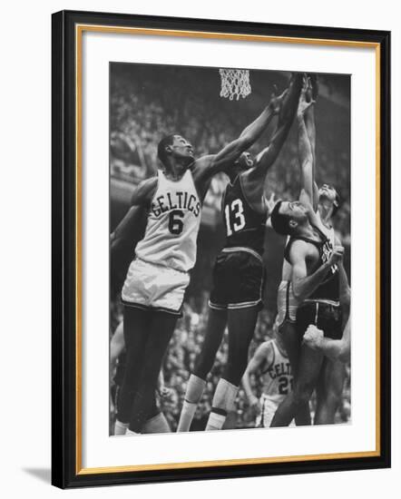 Basketball Players Bill Russell and Wilt Chamberlain During Game-George Silk-Framed Premium Photographic Print