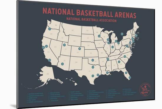 Basketball Stadium Bucket List Map in Grey-Ren Lane-Mounted Art Print