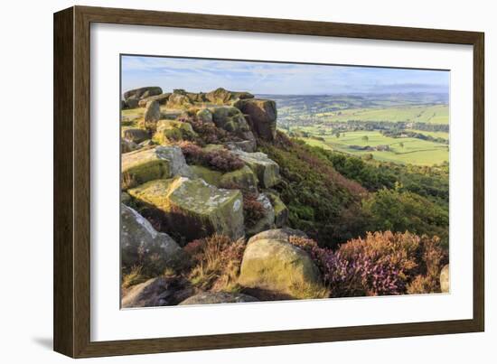 Baslow Edge, early autumn heather, view to Baslow village, Peak District Nat'l Park, England-Eleanor Scriven-Framed Photographic Print