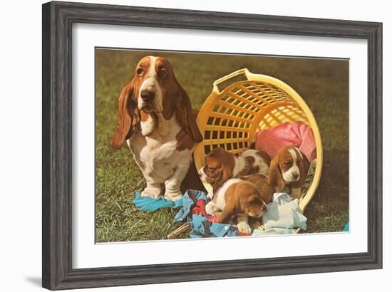 Bassett Hound Family in Laundry Basket-null-Framed Art Print