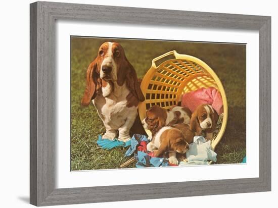 Bassett Hound Family in Laundry Basket-null-Framed Art Print