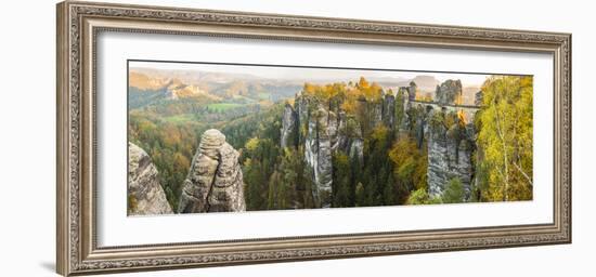 Bastei Bridge and Lilienstein, Elbe Sandstone Mountains, Saxon Switzerland National Park, Germany-Peter Adams-Framed Photographic Print