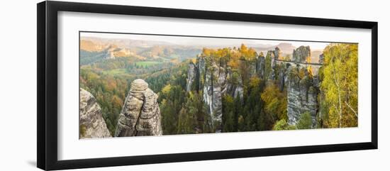 Bastei Bridge and Lilienstein, Elbe Sandstone Mountains, Saxon Switzerland National Park, Germany-Peter Adams-Framed Photographic Print