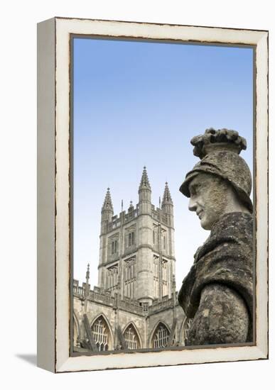 Bath Abbey and a Roman Statue in the Roman Baths, Bath, Somerset, England, United Kingdom-Alex Robinson-Framed Premier Image Canvas